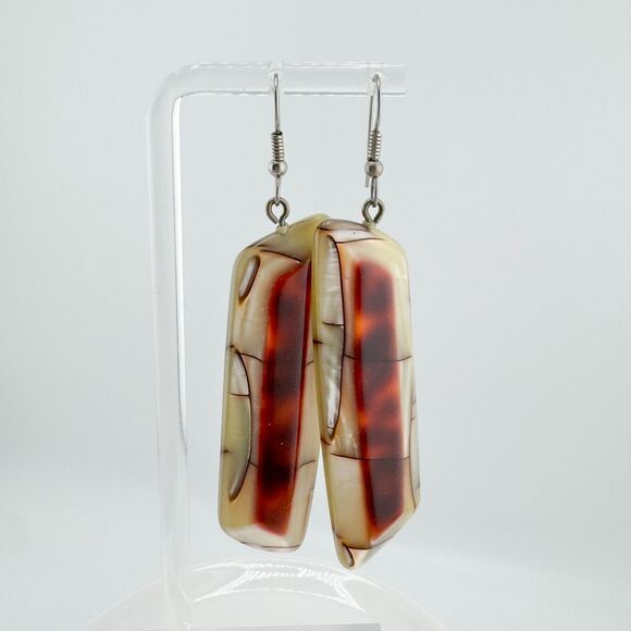Long Red Cream White Striped Natural Stone Drop Earrings Bohemian Artisan Earthy - Picture 5 of 7